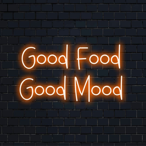 "Good Food Good Mood Neon Sign" - Positieve vibes uitstralen voor fijnproevers en culinaire ruimtes, met de nadruk op de connectie tussen lekker eten en een goed humeur.