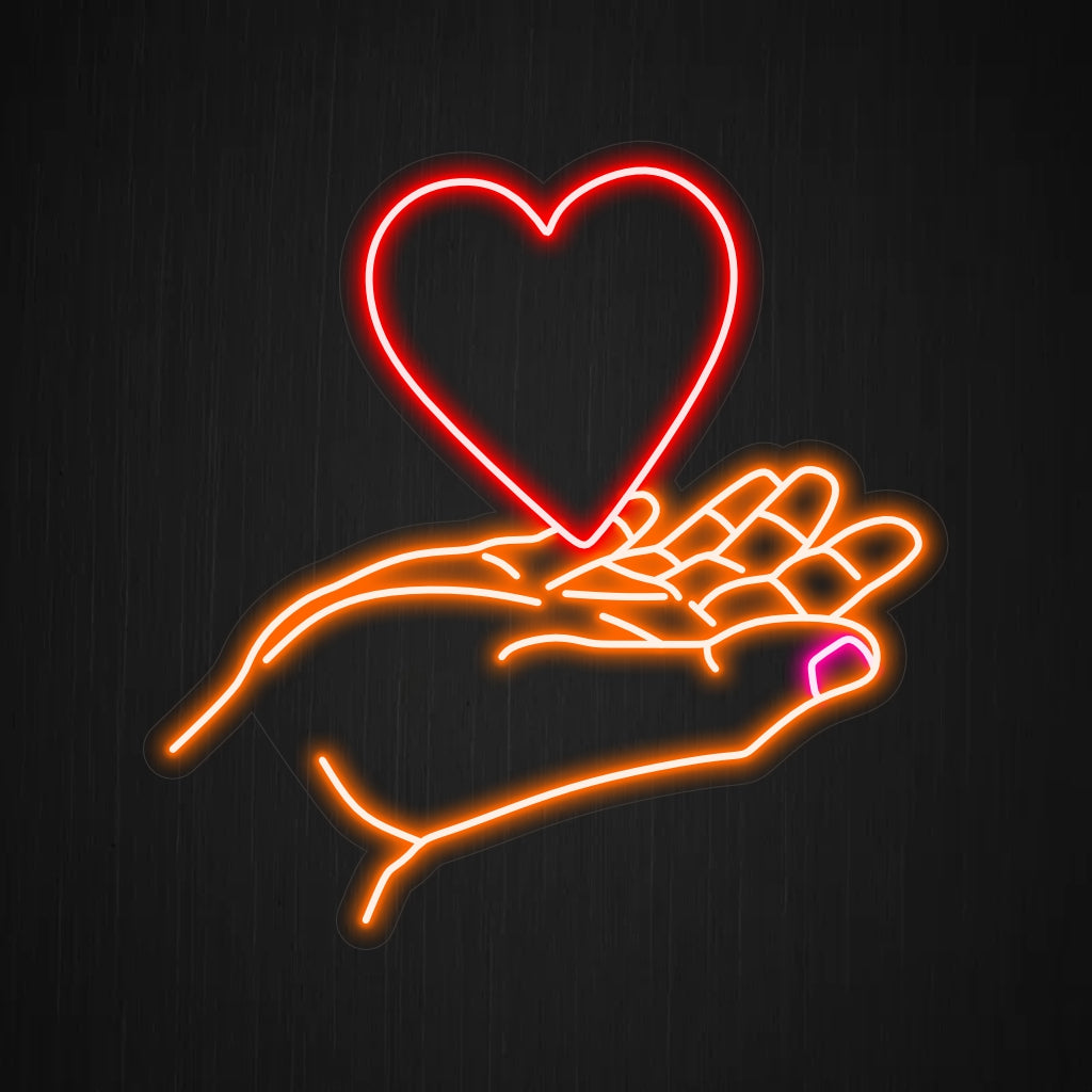 "Handful of Heart Neon Sign" - Straalt een romantische en liefdevolle sfeer uit, perfect voor ruimtes die de nadruk leggen op liefde en relaties, en creëert een warme en uitnodigende sfeer.
