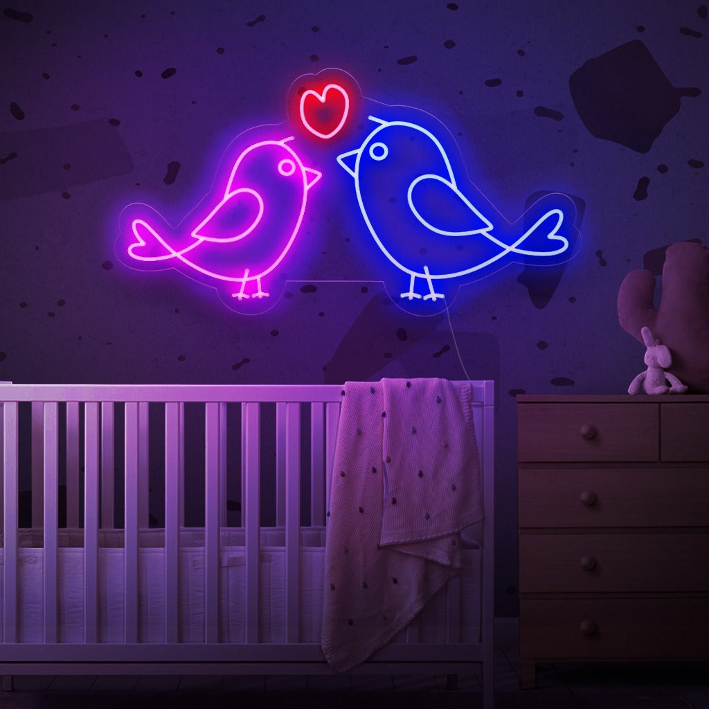 "Harmony of Lovebirds Neon Sign" - Vangt de essentie van liefde en samenzijn, perfect voor ruimtes die de schoonheid van relaties en kameraadschap vieren.