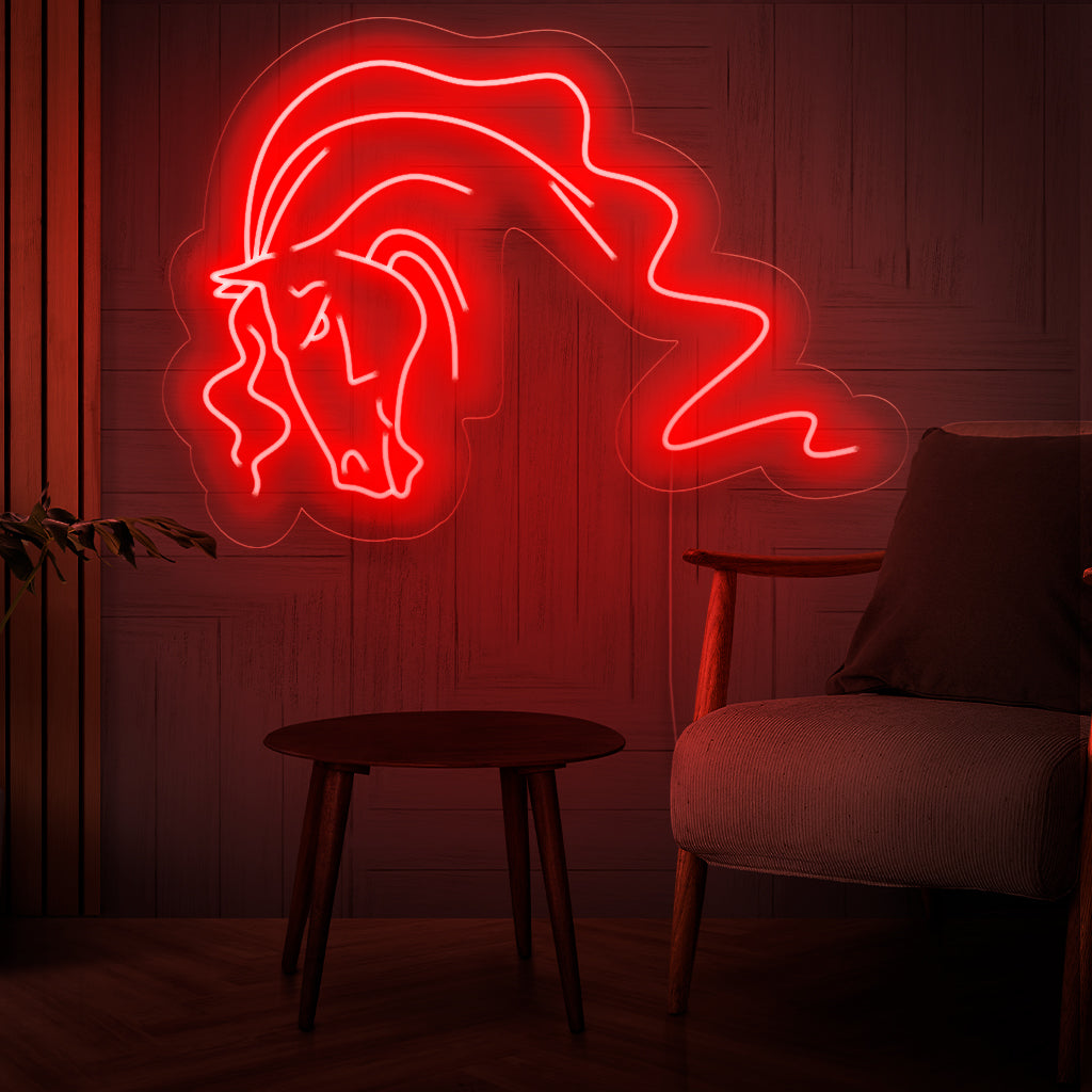 "Paardenneonbord" - Een majestueuze en door paarden geïnspireerde aanvulling voor paardenstallen en maneges, die de geest en gratie van paarden vastlegt met een betoverend en dynamisch neonlicht.