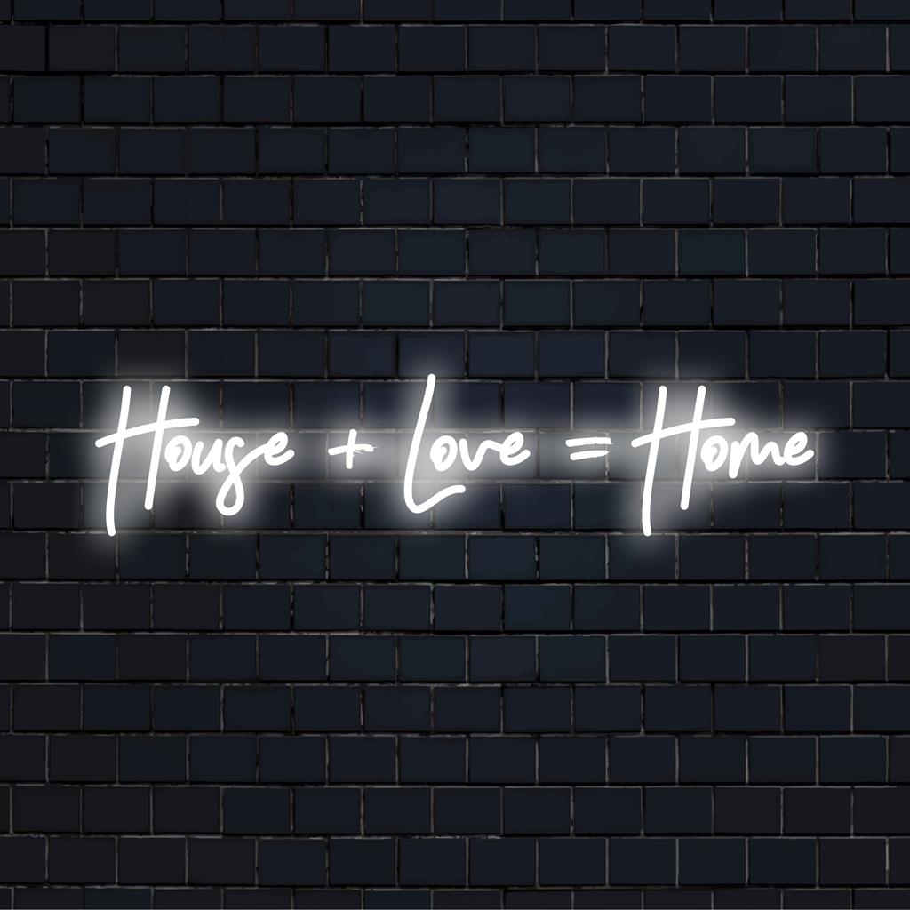 LED-neonreclame met de tekst House + Love = Home, die tekst en kunst combineert tot een gezellig lichtdecor voor persoonlijke woonruimtes.
