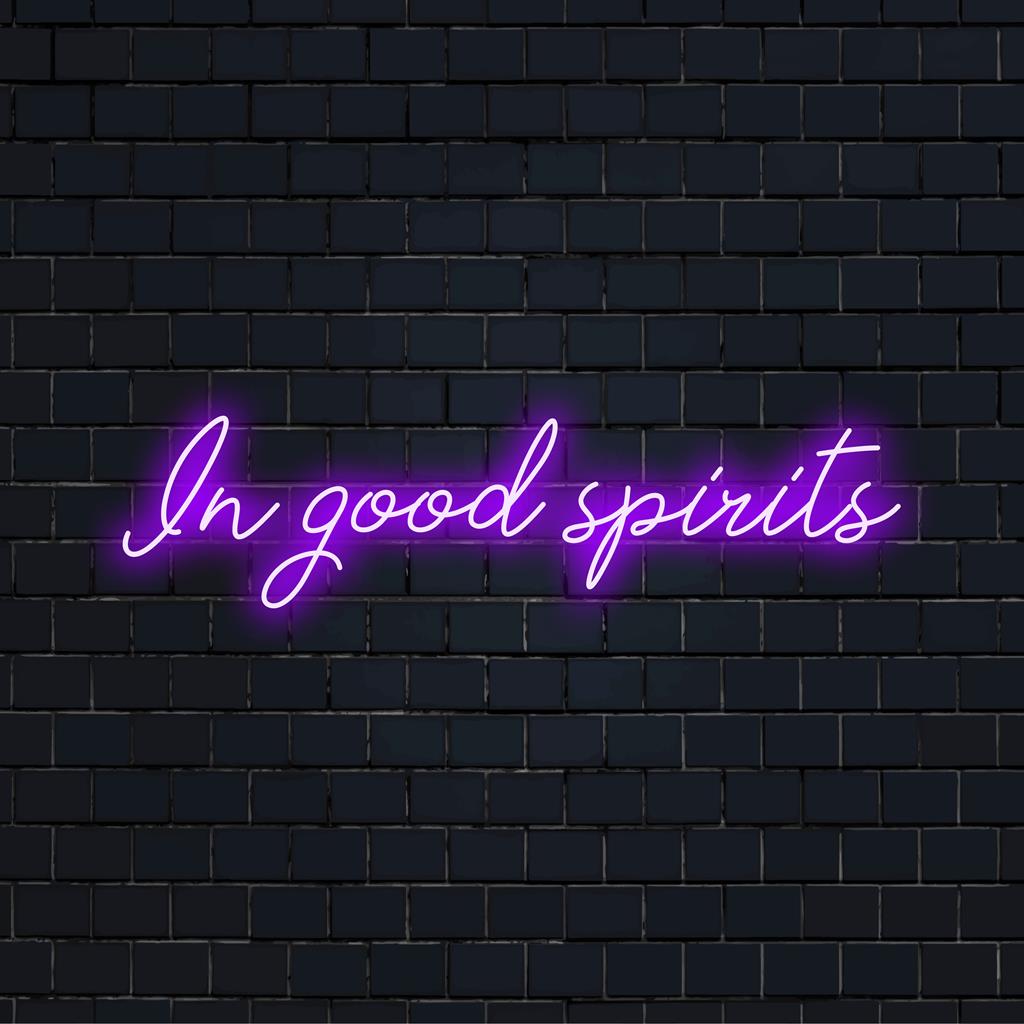 Levendig, op maat gemaakt LED-neonbord met de tekst In Good Spirits; ideaal voor het personaliseren van ruimtes met unieke neonmuurdecoraties.