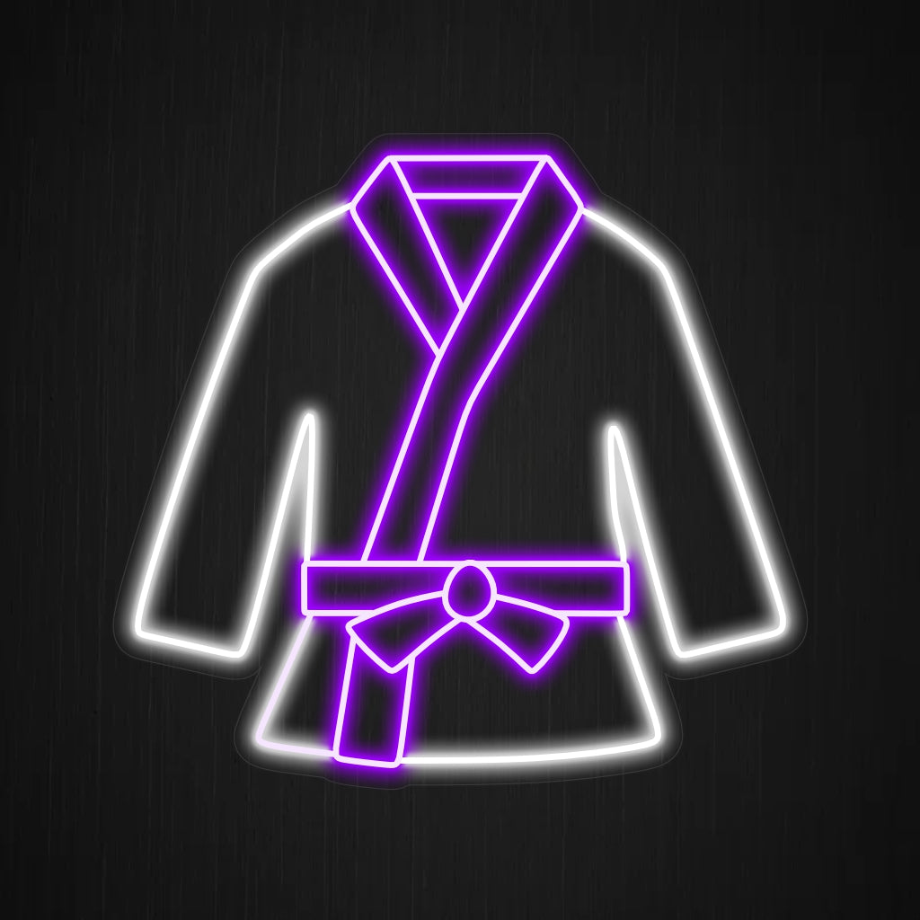 "Judo Uniform Neon Sign" - Verlicht uw ruimte met het krachtige symbool van een judopak, dat de kracht en discipline van vechtsporten weerspiegelt.