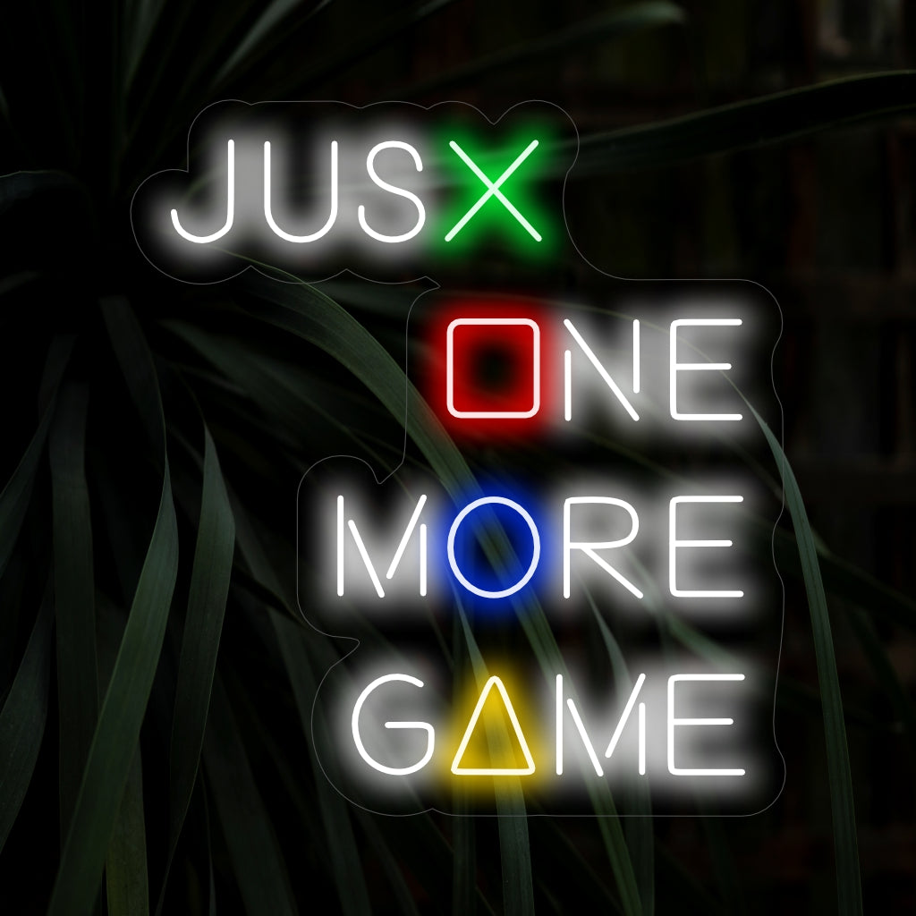 "Nog één spelletje neonreclame" - Til je game-ervaring naar een hoger niveau met dit levendige neonreclamebord, dat je uitnodigt om in de virtuele wereld te duiken voor nog één spelletje.