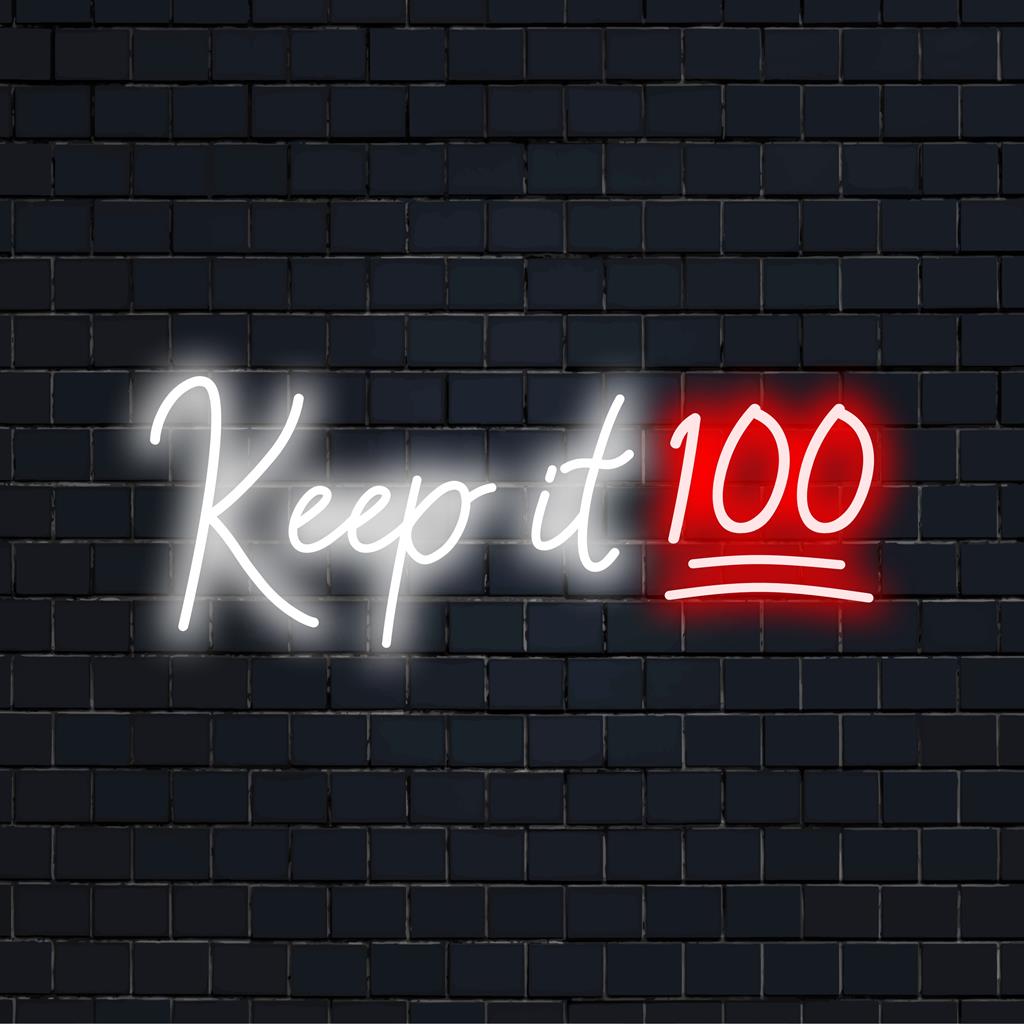 Levendig LED-neonbord met de tekst Keep It 100; ideaal voor moderne neondecoraties en levendige wandkunst.