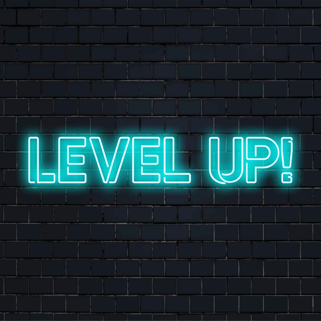 LED neon sign depicting Level Up! text, ideal for gamers, featuring vibrant custom neon art and personalized neon light decor.