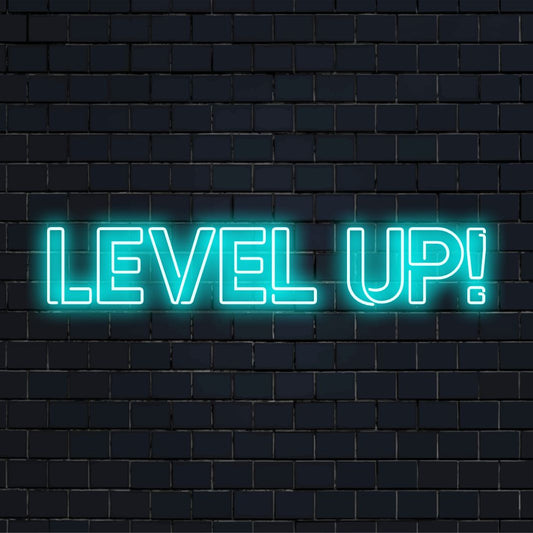 LED neon sign depicting Level Up! text, ideal for gamers, featuring vibrant custom neon art and personalized neon light decor.