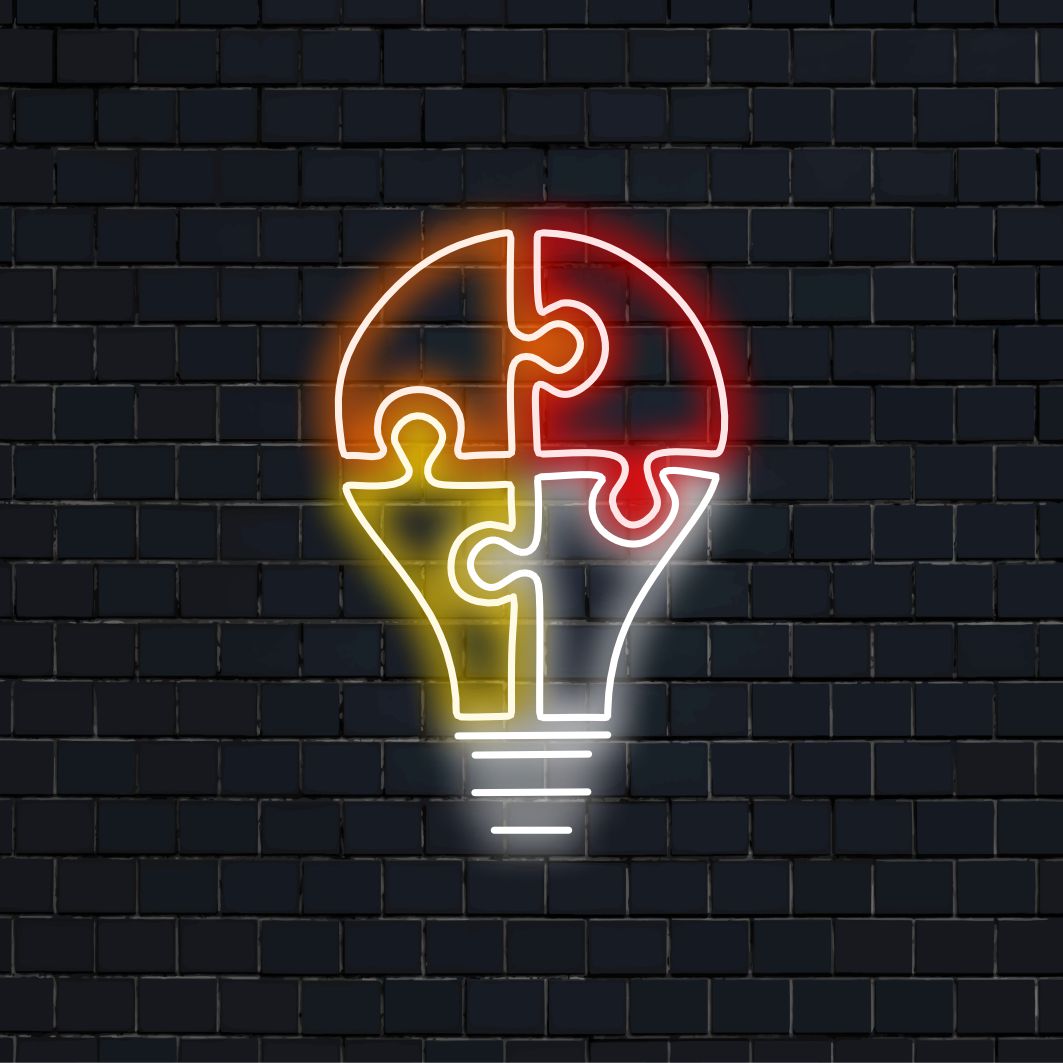 "Light Bulb Puzzle Neon Sign" is een creatieve toevoeging voor inspirerende ruimtes, ideaal voor kantoren en woningen. Verlicht met intrige!