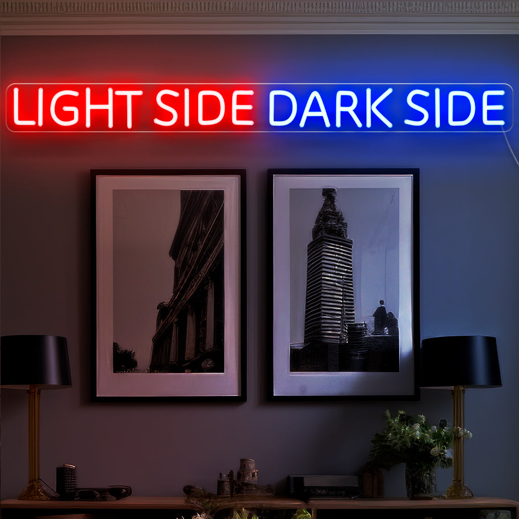 "Light Side Dark Side Neon Sign" is een lichtgevende weergave van dualiteit, perfect voor ruimtes met contrasterende vibes. Verlicht je omgeving met deze opvallende neonlamp!