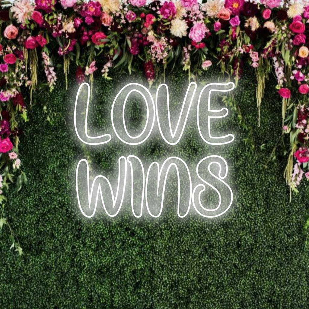 Aangepaste LED-lamp met de tekst 'Love Wins', een combinatie van kunstzinnig licht en moderne decoratie voor een persoonlijk effect.