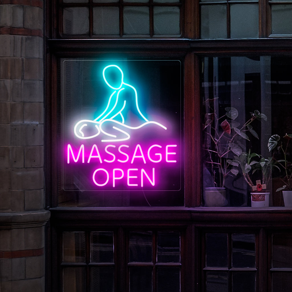 "Massage Open Neon Sign" is een uitnodigende en rustgevende toevoeging, perfect om een ​​open massage of spabehandeling aan te kondigen. Verlicht met ontspanning en rust!