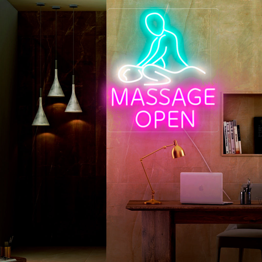 "Massage Open Neon Sign" is een uitnodigende en rustgevende toevoeging, perfect om een ​​open massage of spabehandeling aan te kondigen. Verlicht met ontspanning en rust!