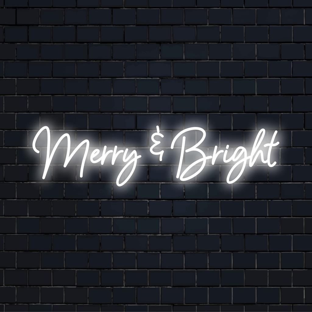 Feestelijk 'Merry And Bright' LED-neonbord met een stralende kerstsfeer; perfecte neonmuurdecoratie voor thuis of op evenementen.