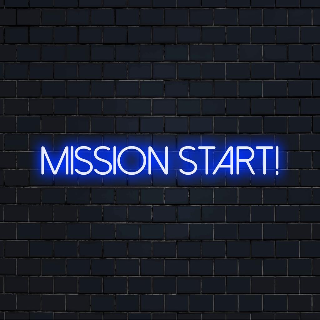 Op maat gemaakt LED-neonbord met de tekst Mission Start! in moderne, opvallende letters; ideaal voor levendige, gepersonaliseerde neonmuuresthetiek.