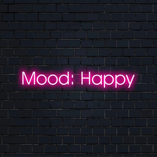 Op maat gemaakt LED-neonbord met de tekst 'Mood Happy' in heldere, levendige kleuren, ideaal om uw ruimte te verfraaien.