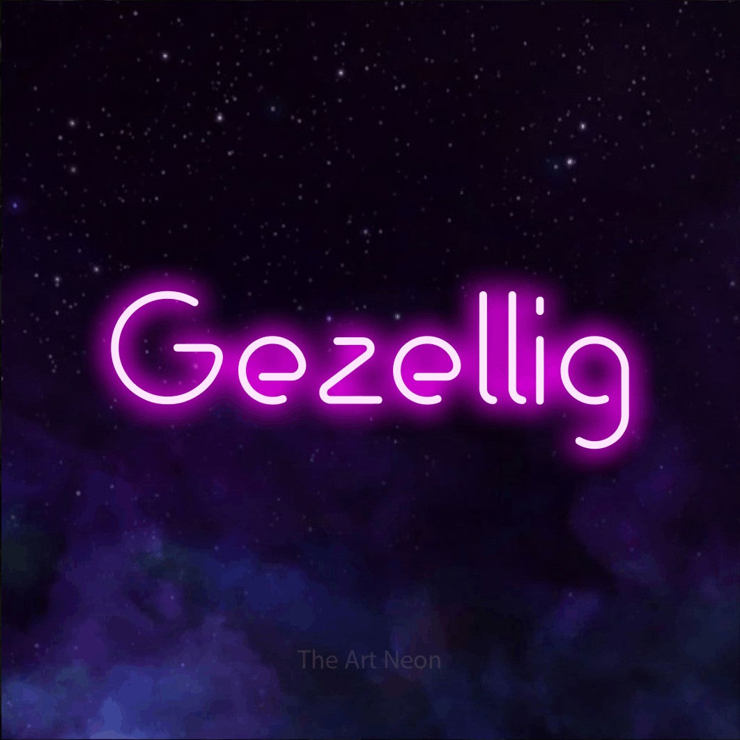LED neon sign reading “Gezellig”, arranged in a single line.