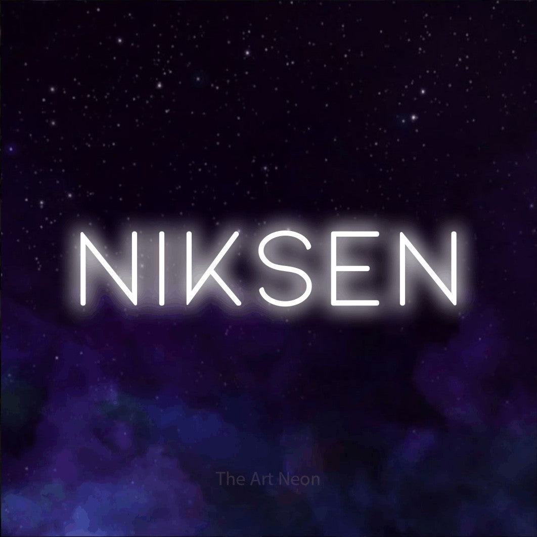 LED neon sign reading “NIKSEN”, arranged in a single line.