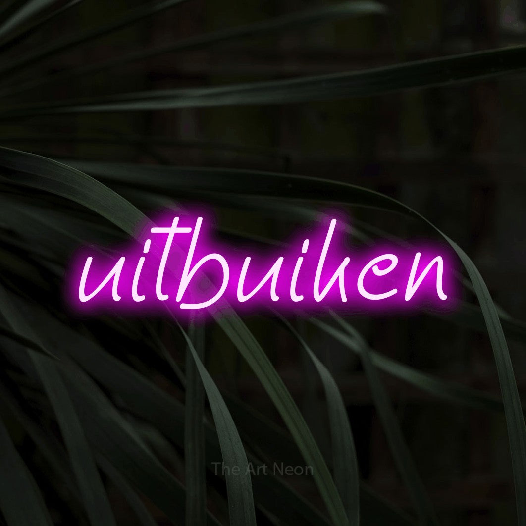 LED neon sign reading “uitbuiken”, arranged in a single line.
