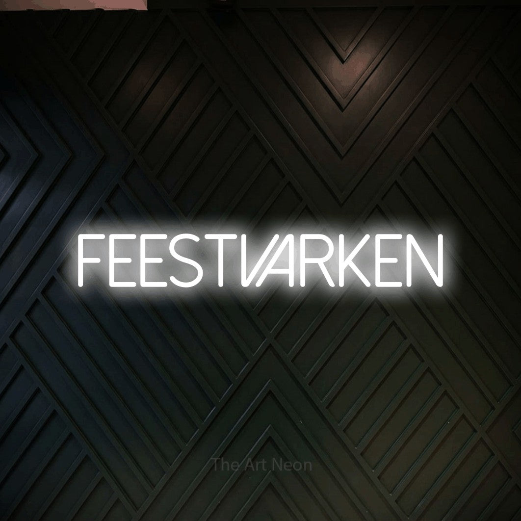 LED neon sign reading “FEESTVARKEN”, arranged in a single line.