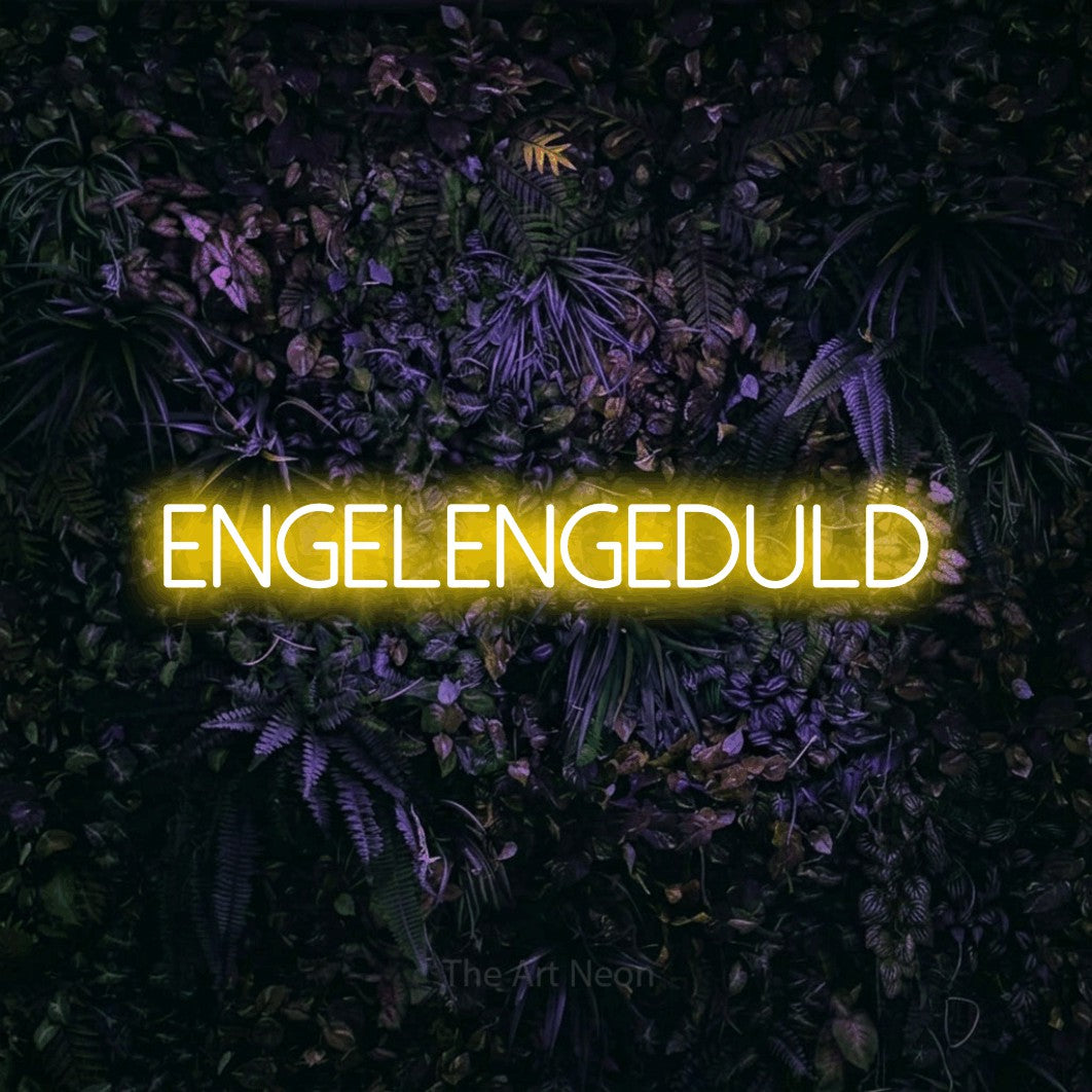 LED neon sign reading “Engelengeduld”, arranged in a single line.