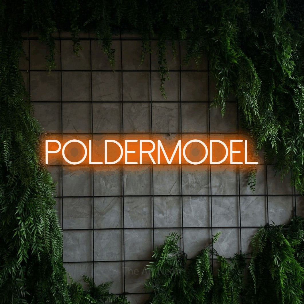 LED neon sign reading “Poldermodel”, arranged in a single line.