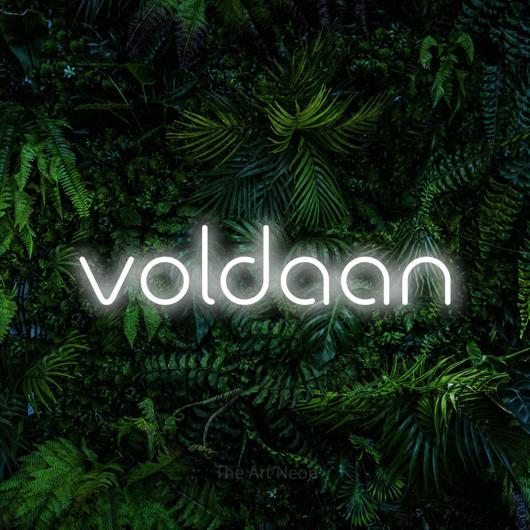 LED neon sign reading “voldaan”, arranged in a single line.