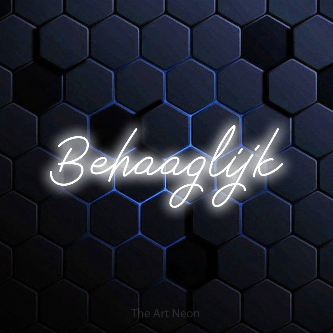 LED neon sign reading “Behaaglijk”, arranged in a single line.