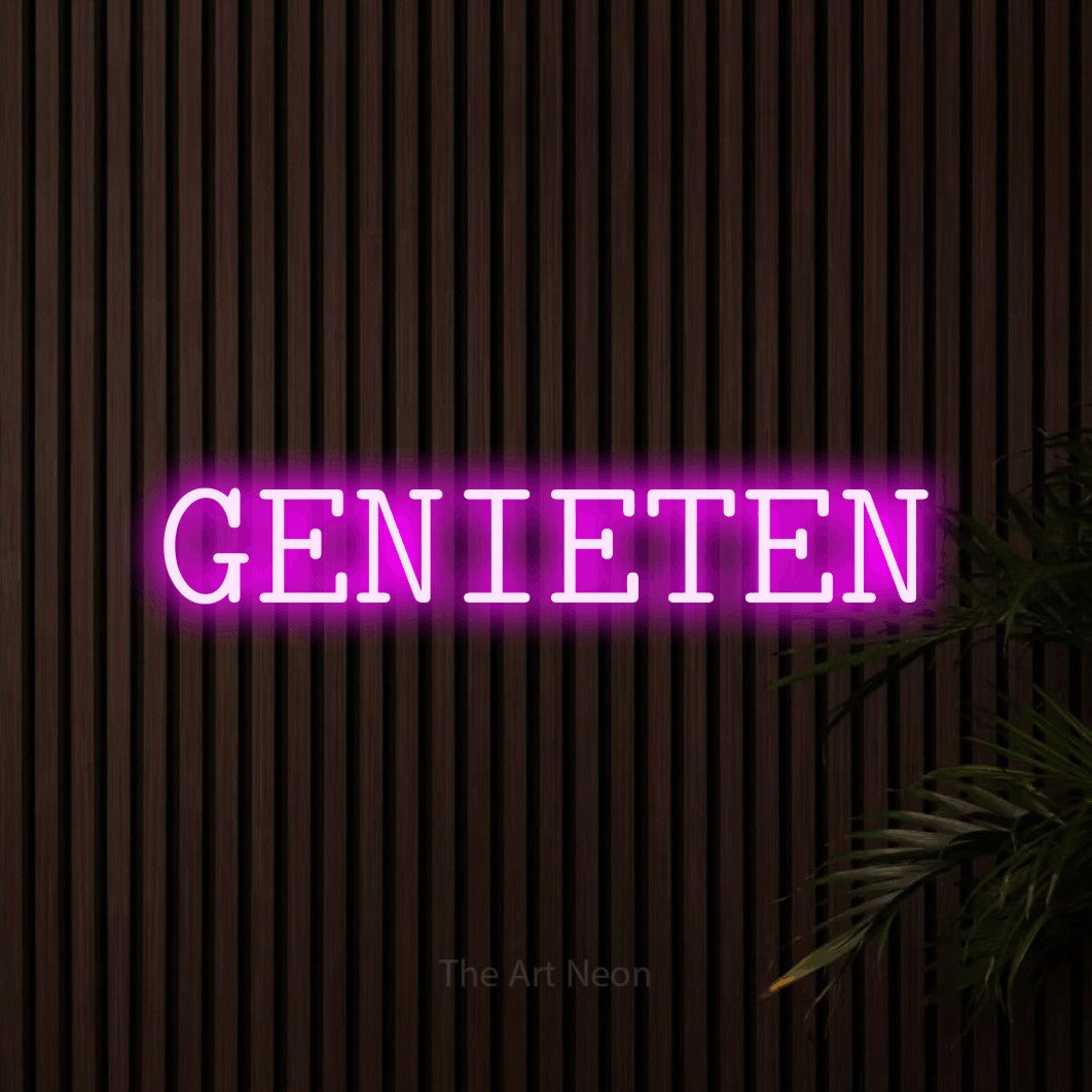 LED neon sign reading “GENIETEN”, arranged in a single line.