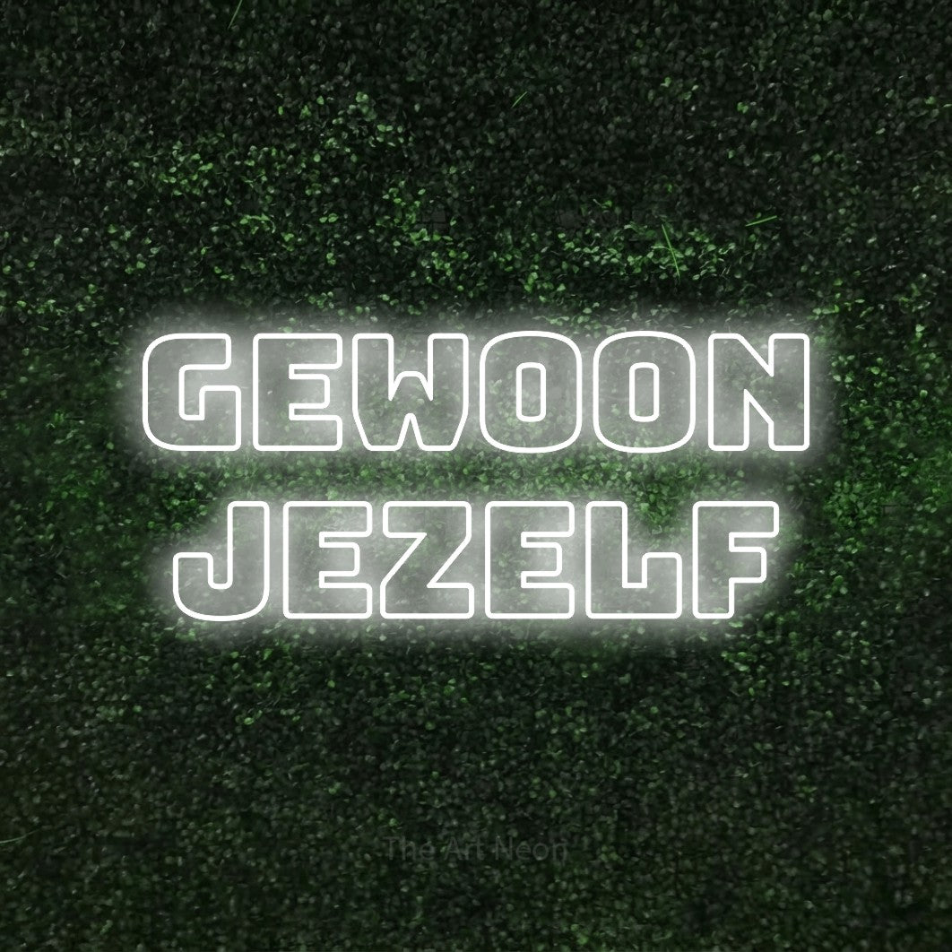 LED neon sign reading “GEWOON JEZELF”, arranged in 2 lines.
