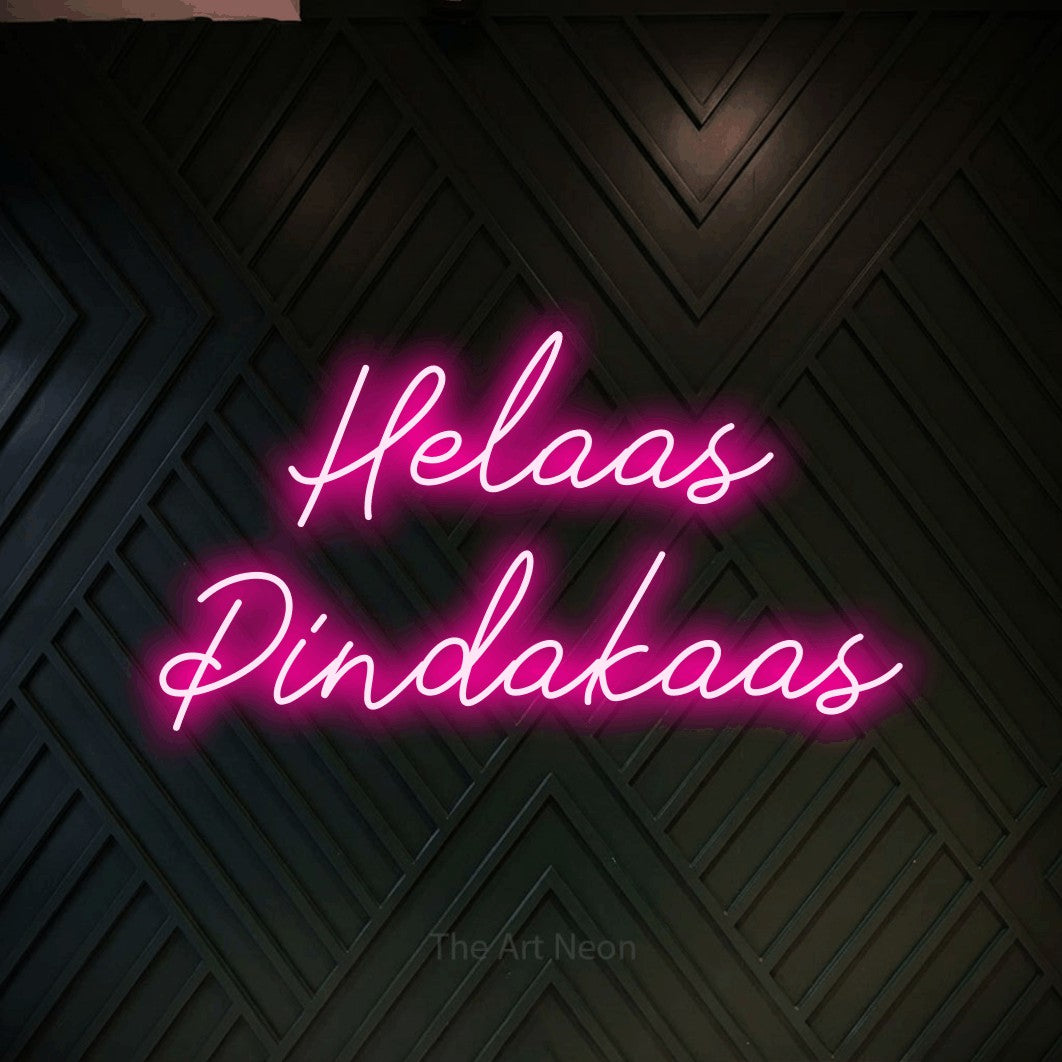 LED neon sign reading “Helaas Pindakaas”, arranged in 2 lines.
