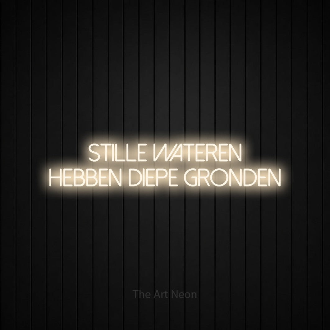 LED neon sign reading “stille wateren hebben diepe gronden”, arranged in 2 lines.