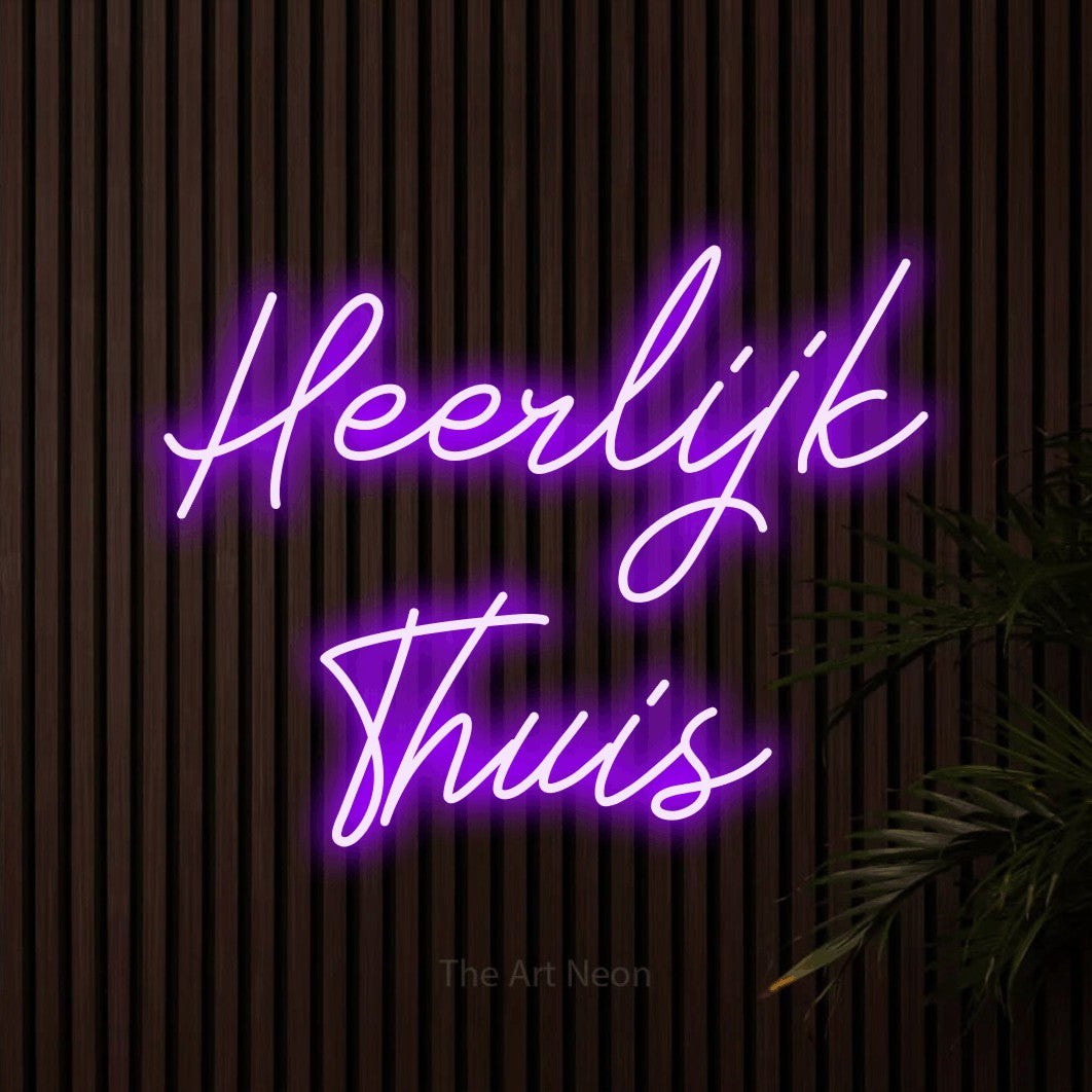 LED neon sign reading “Heerlijk Thuis”, arranged in 2 lines.