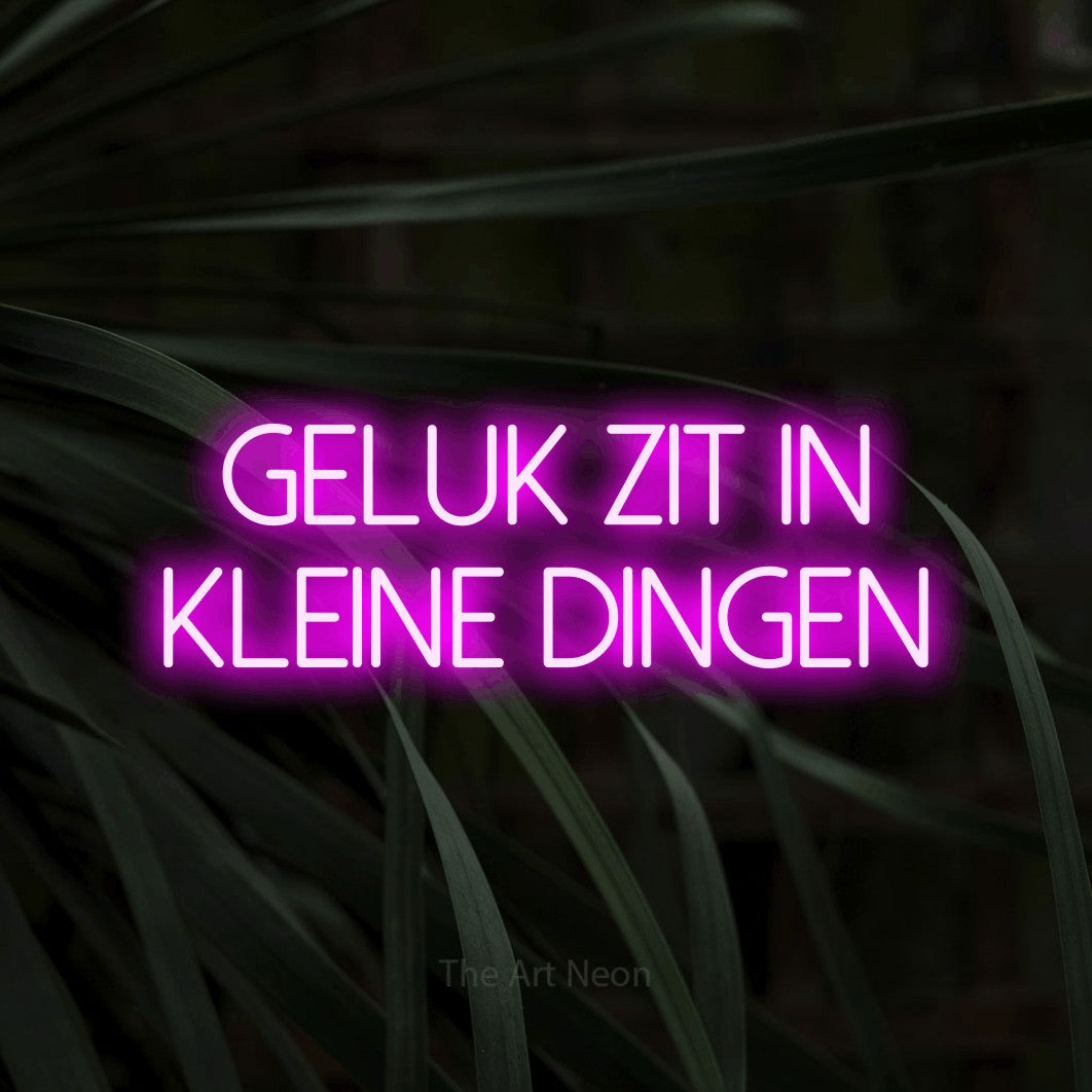 LED neon sign reading “GELUK zit in kleine dingen”, arranged in 2 lines.