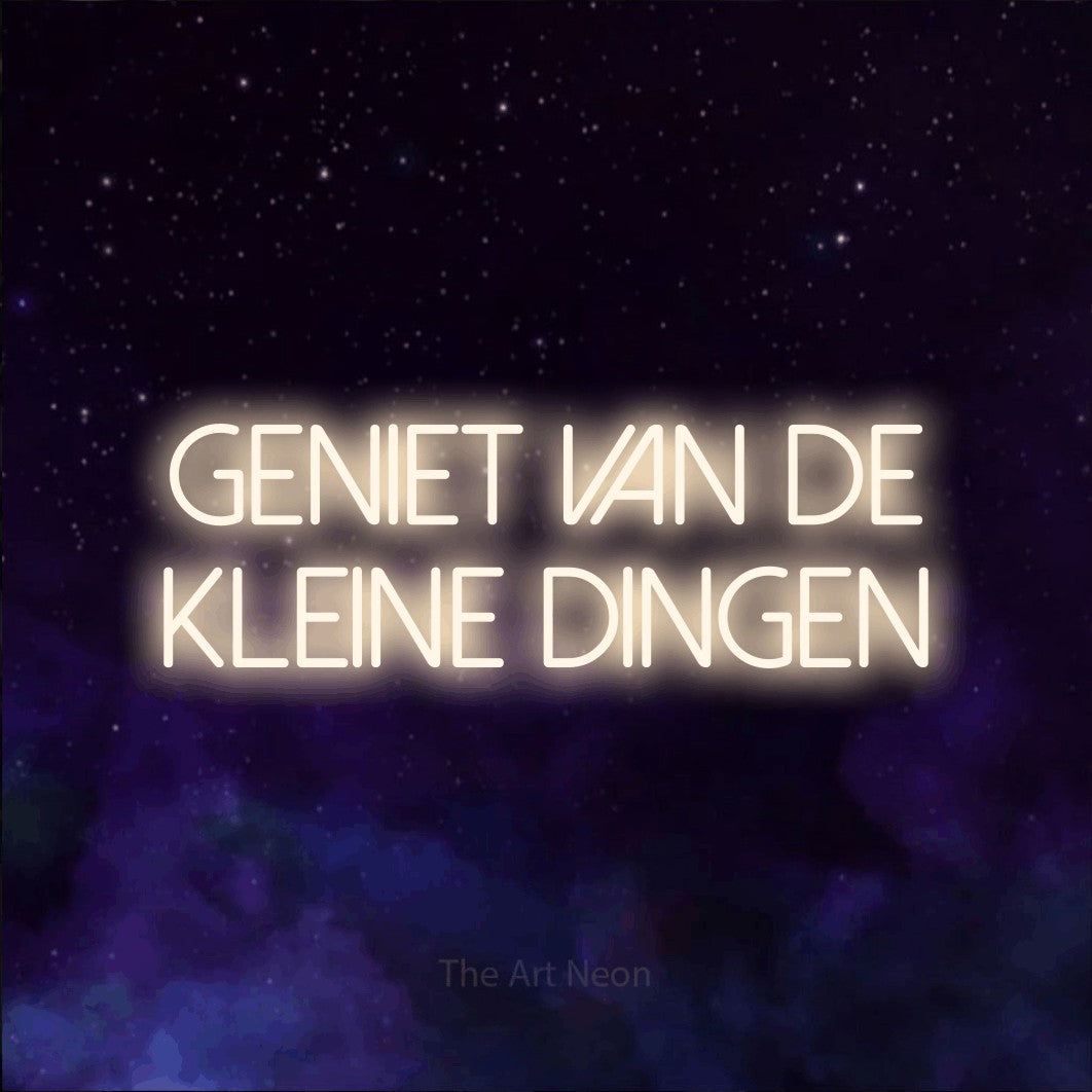 LED neon sign reading “Geniet Van De Kleine Dingen”, arranged in 2 lines.
