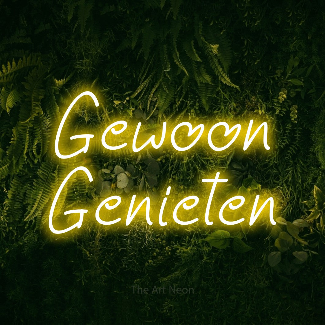 LED neon sign reading “Gewoon Genieten”, arranged in 2 lines.