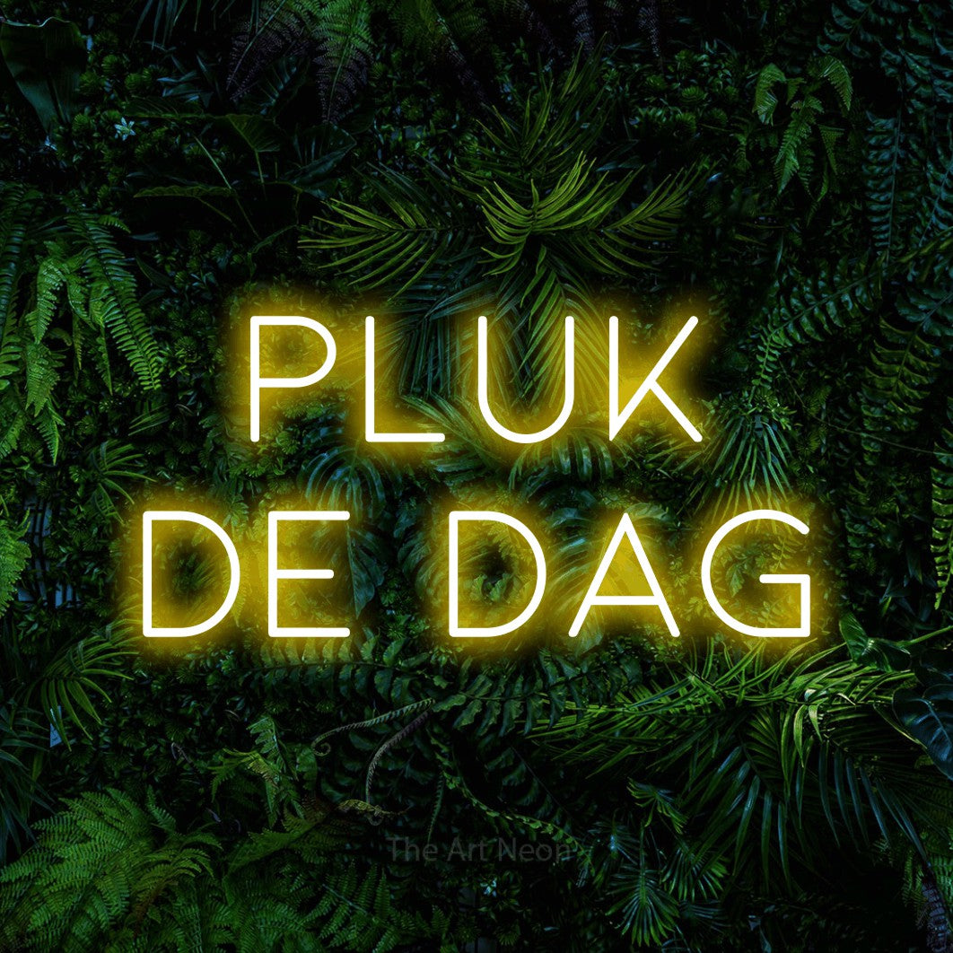 LED neon sign reading “pluk de dag”, arranged in 2 lines.