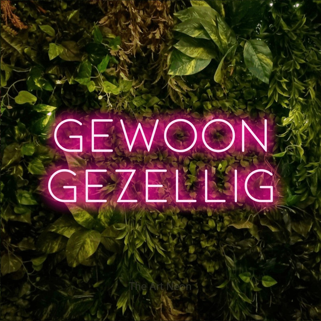 LED neon sign reading “GEWOON gezellig”, arranged in 2 lines.