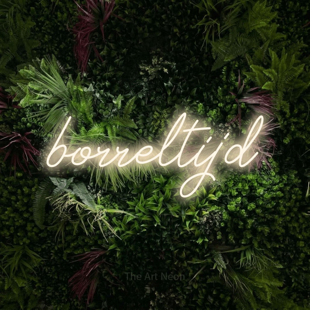 LED neon sign reading “borreltijd”, arranged in a single line.