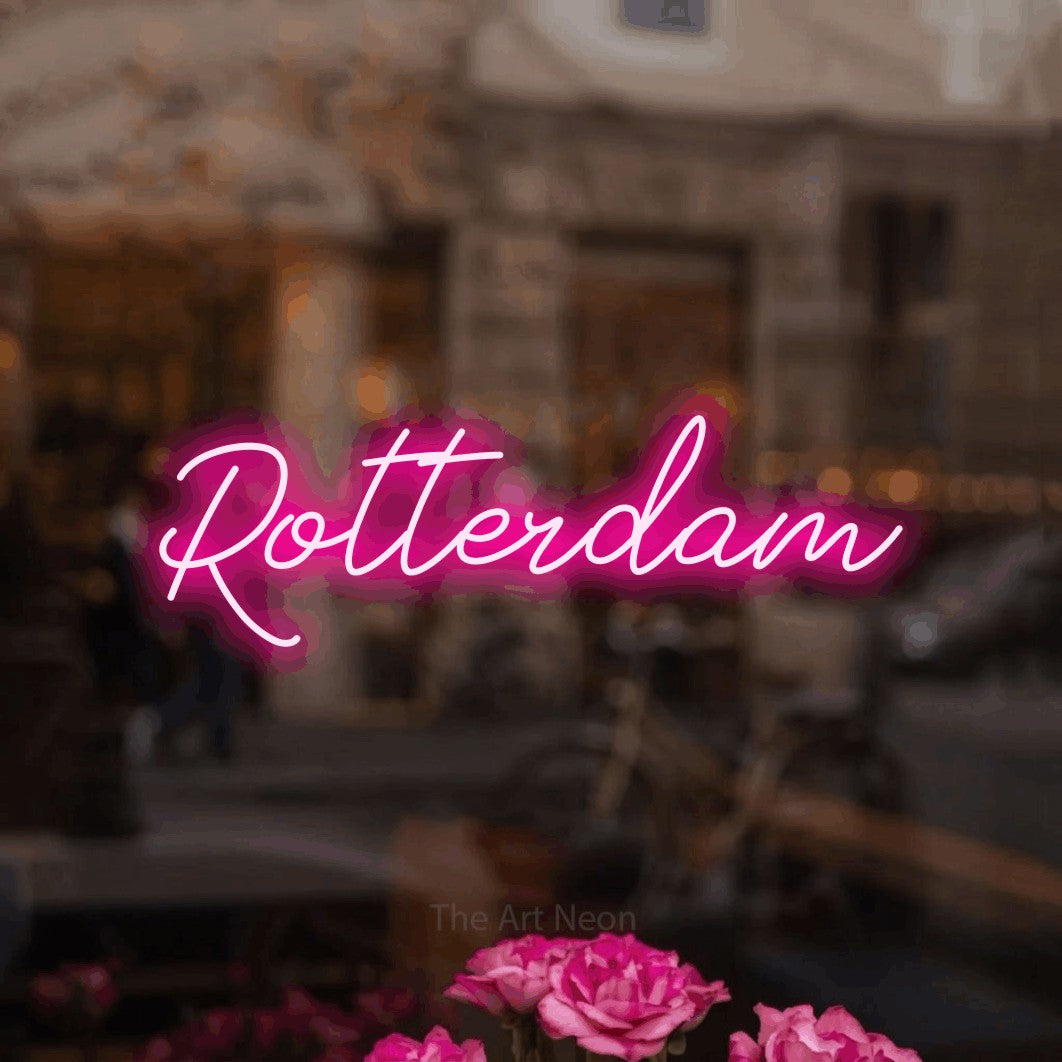 LED neon sign reading “Rotterdam”, arranged in a single line.