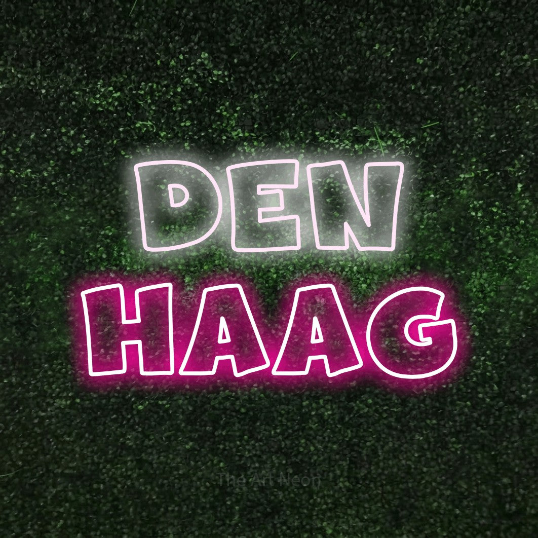LED neon sign reading “den haag”, arranged in 2 lines.