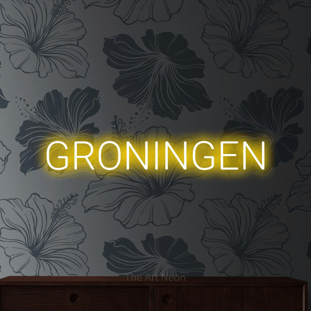 LED neon sign reading “GRONINGEN”, arranged in a single line.