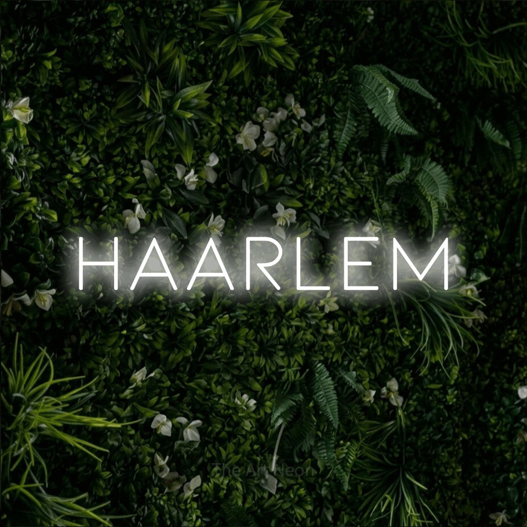 LED neon sign reading “HAARLEM”, arranged in a single line.
