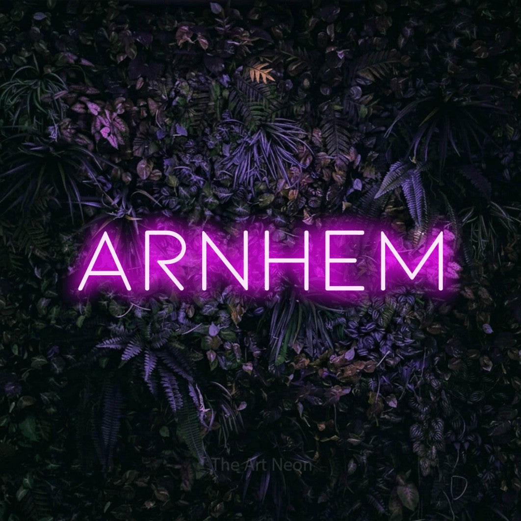 LED neon sign reading “Arnhem”, arranged in a single line.