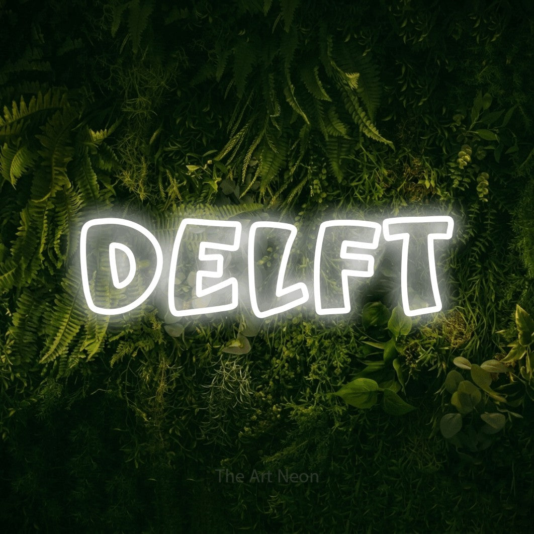 LED neon sign reading “delft”, arranged in a single line.