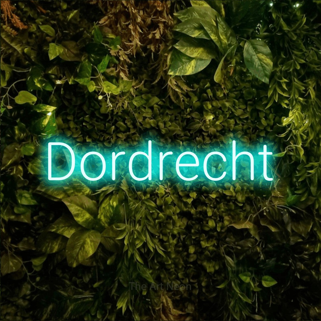 LED neon sign reading “Dordrecht”, arranged in a single line.