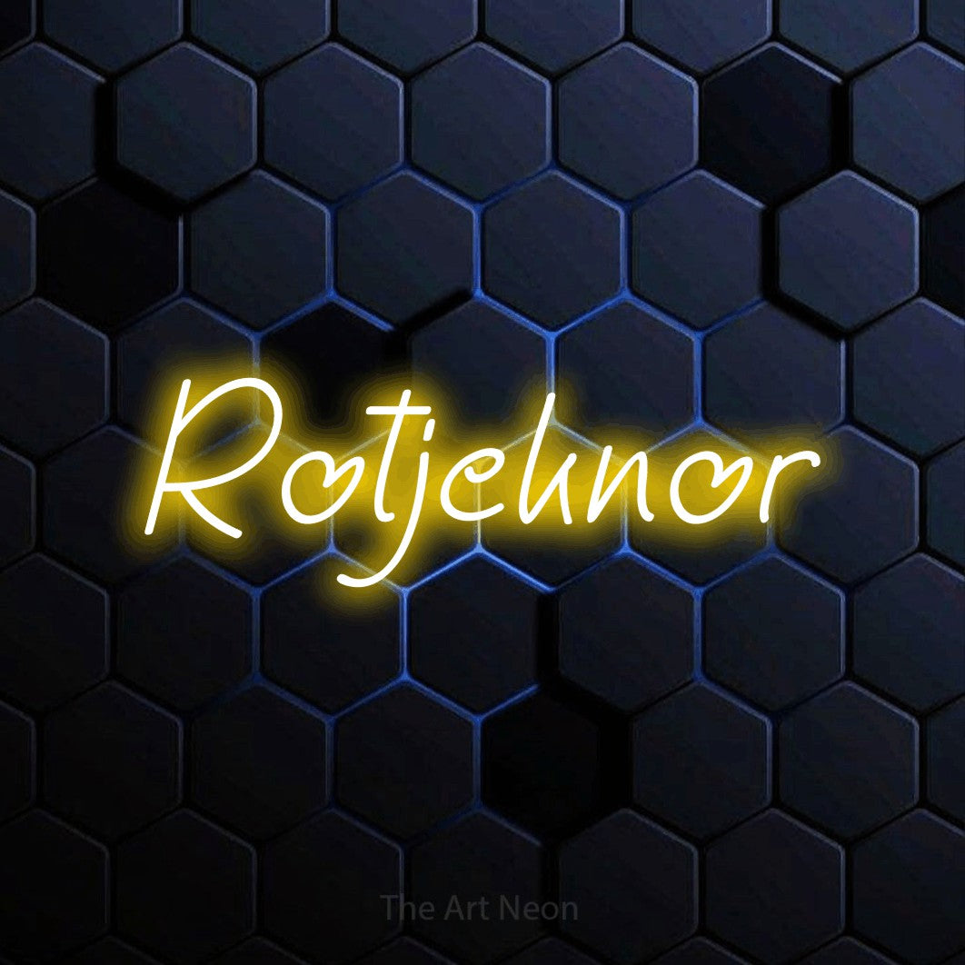 LED neon sign reading “Rotjeknor”, arranged in a single line.