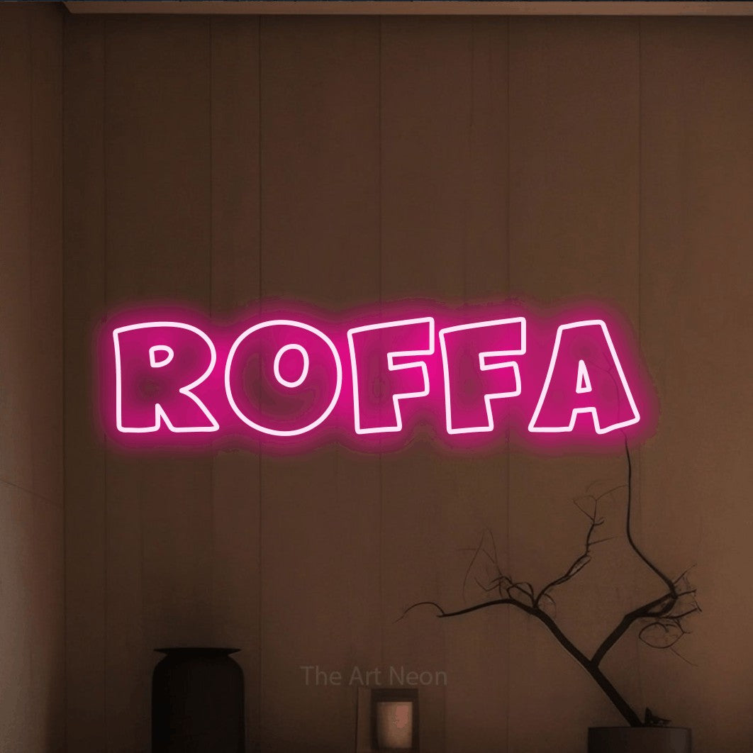 LED neon sign reading “ROFFA”, arranged in a single line.