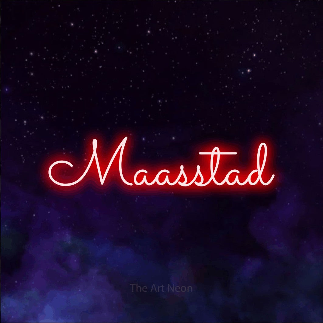 LED neon sign reading “Maasstad”, arranged in a single line.
