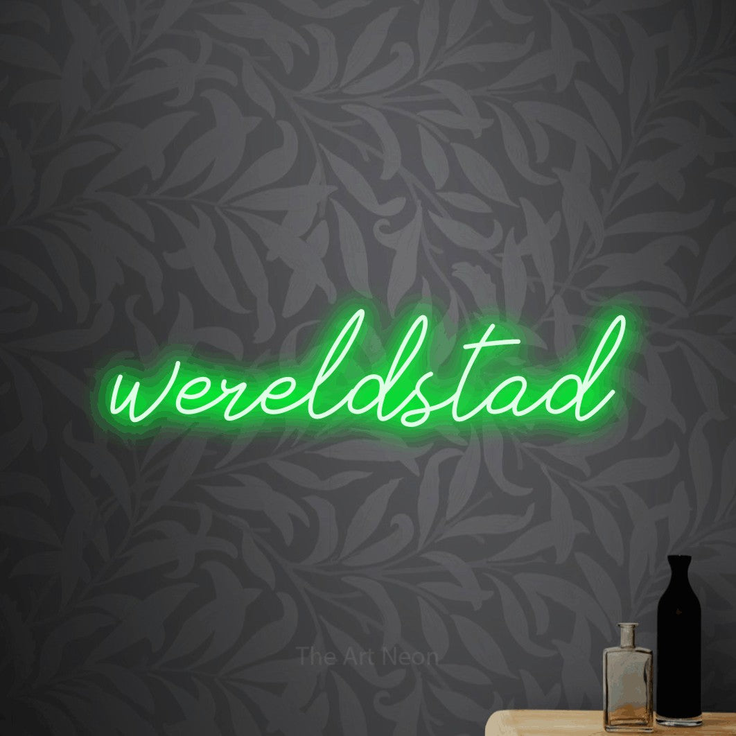 LED neon sign reading “wereldstad”, arranged in a single line.