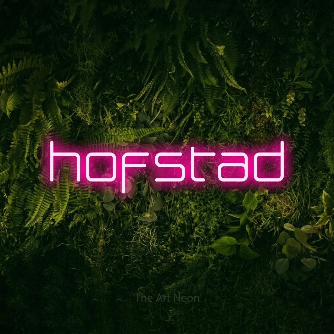 LED neon sign reading “hofstad”, arranged in a single line.